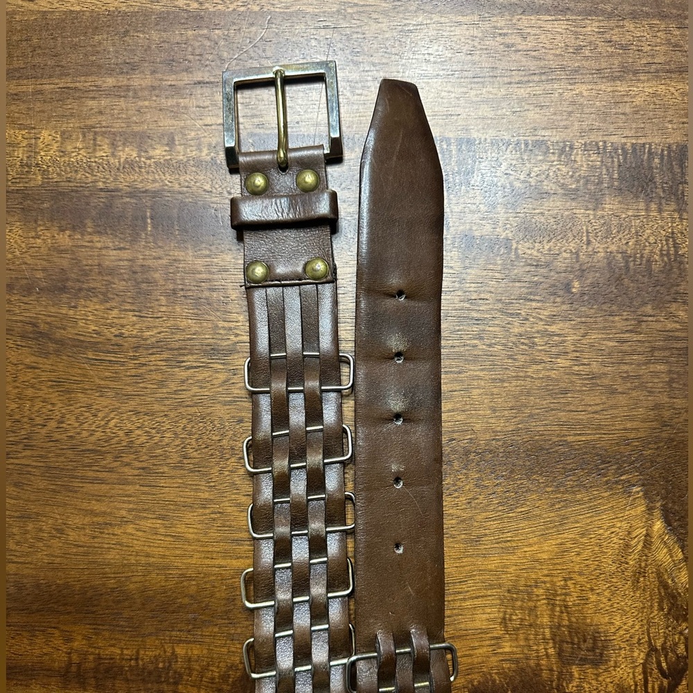 Vintage Saks Fifth Ave Brown Woven Leather Belt with Solid Brass Buckle – 34
